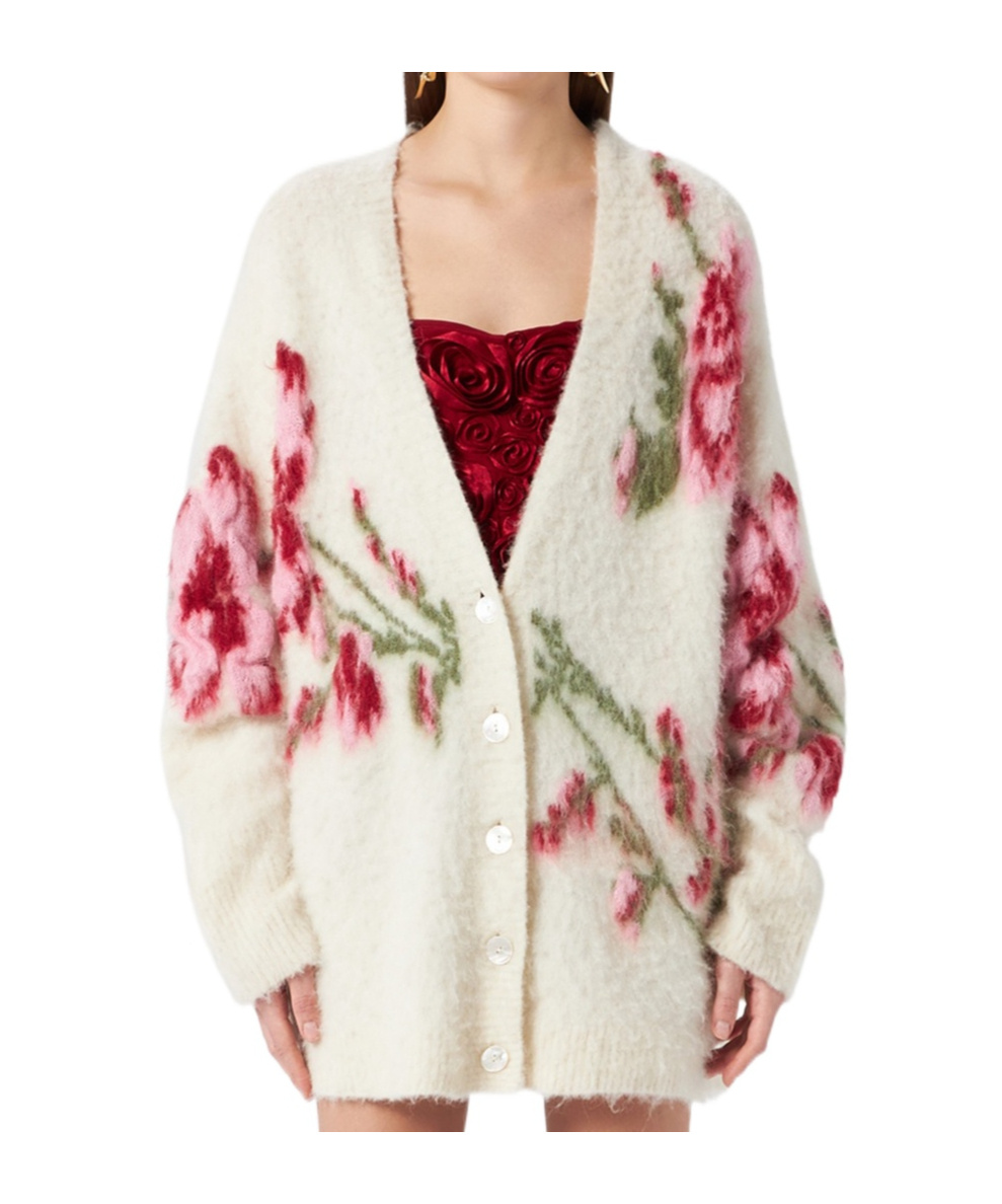 Blumarine Off-white Jacquard Roses Cardigan In Nude