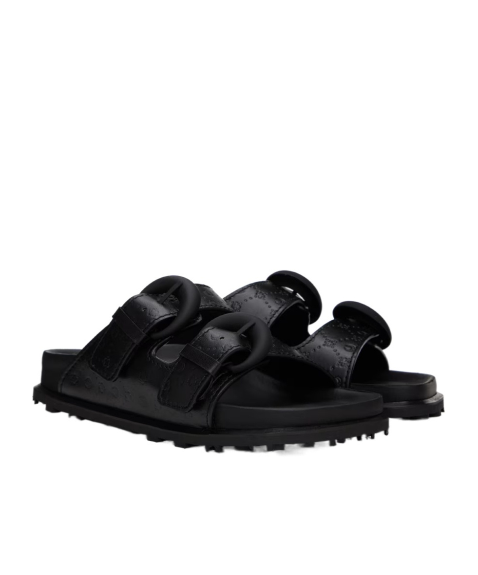 Marine Serre Embossed Leather Ms Ground Logo Embossed Slippers In Black