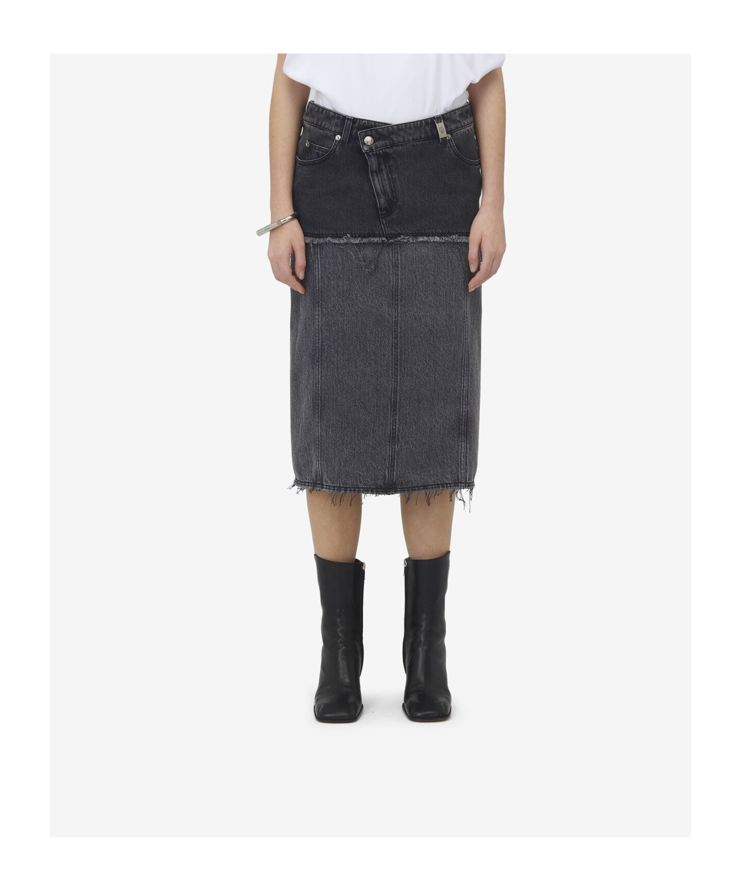 Alexander Mcqueen Mcqueen Two-tone Low Rise Denim Midi Skirt In Black