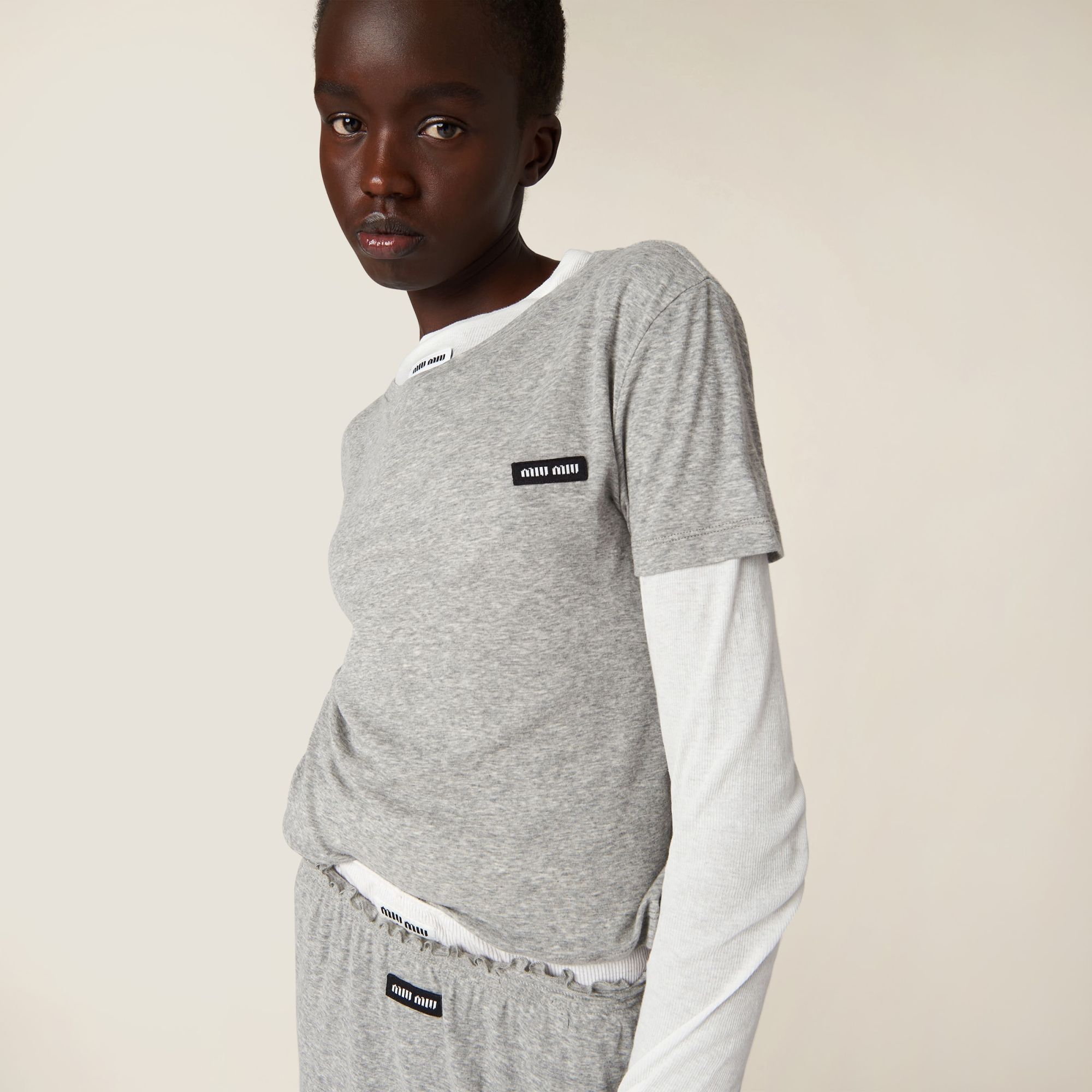 Miu Miu Ribbed Jersey T-shirt In Gray