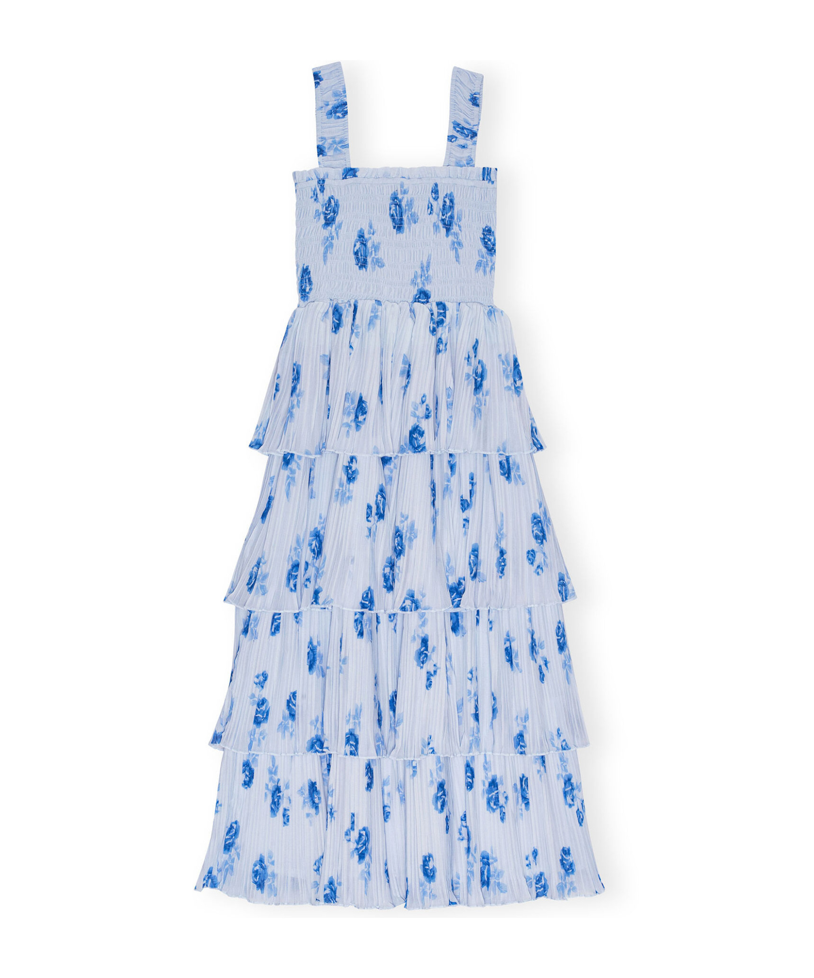 Ganni Ruffled Shirred Pleated Georgette Midi Dress In Blue