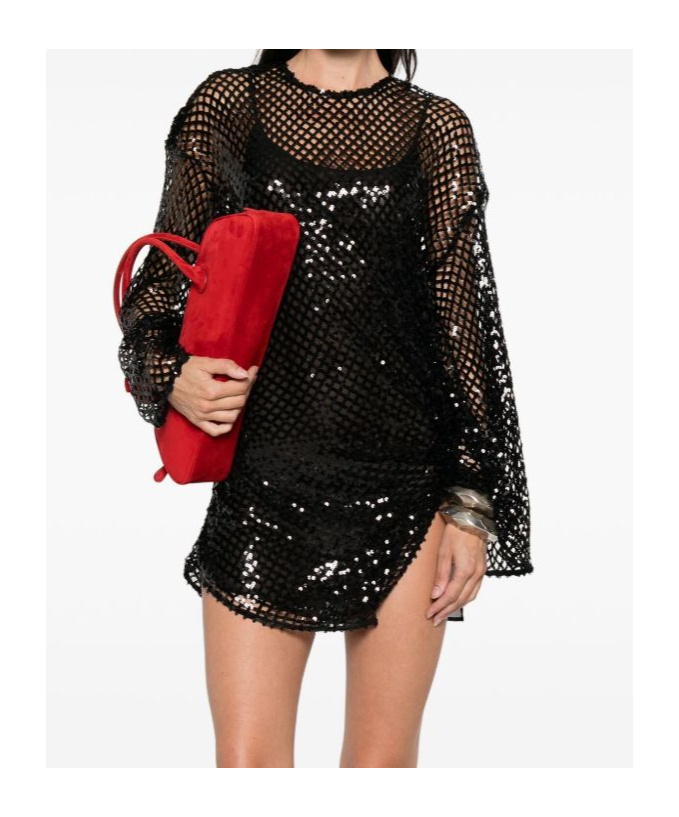 Attico Black Sequin Net Knit Mini Dress In Black