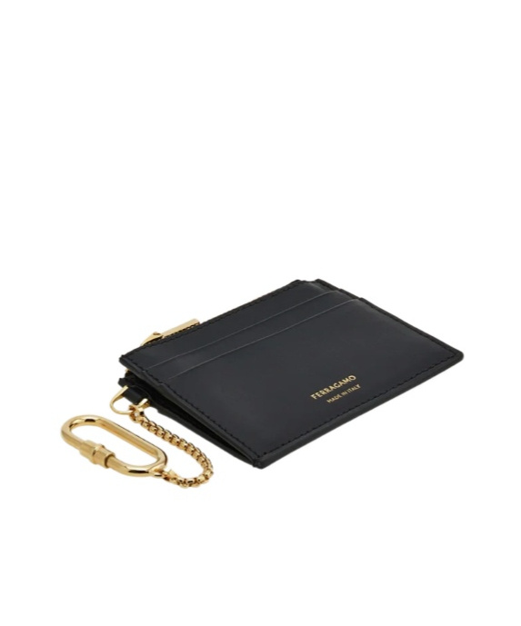 Ferragamo Hot Stamp Zip Leather Card Holder In Black