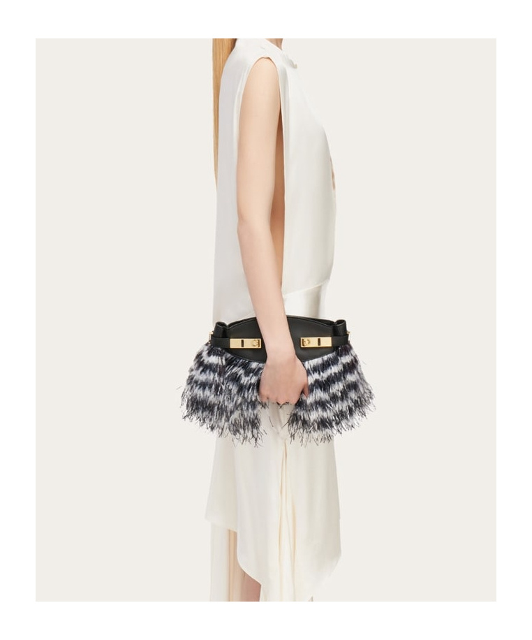 Ferragamo Hug Soft Crossbody Bag With Feathers In White/black