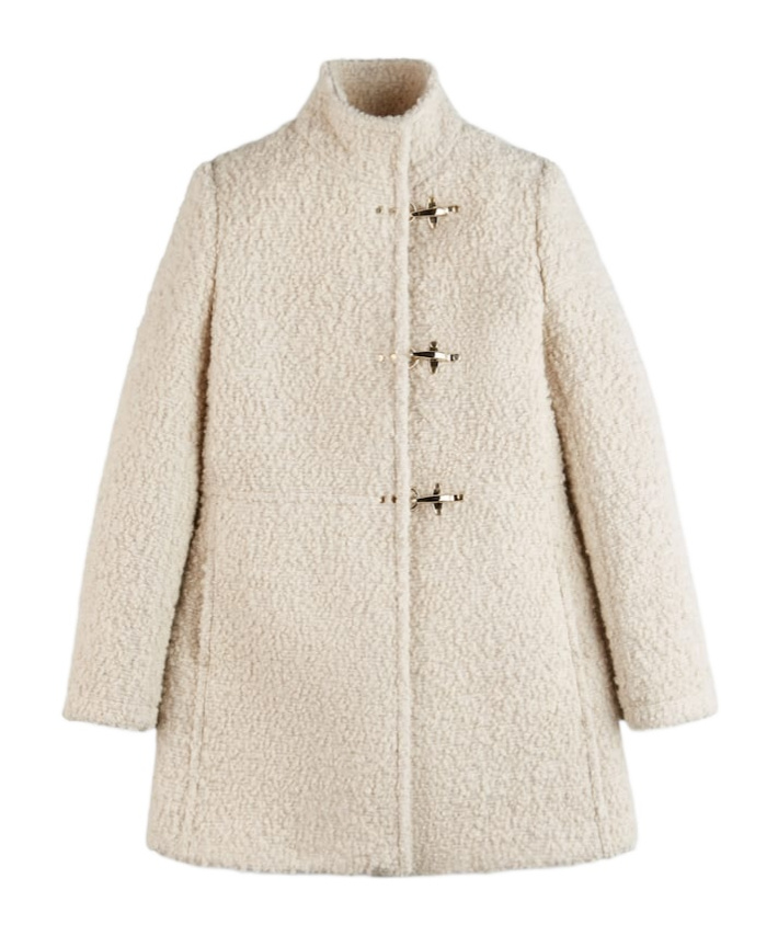 Fay Textured Mid-length Coat With Curly Fabric In Nude