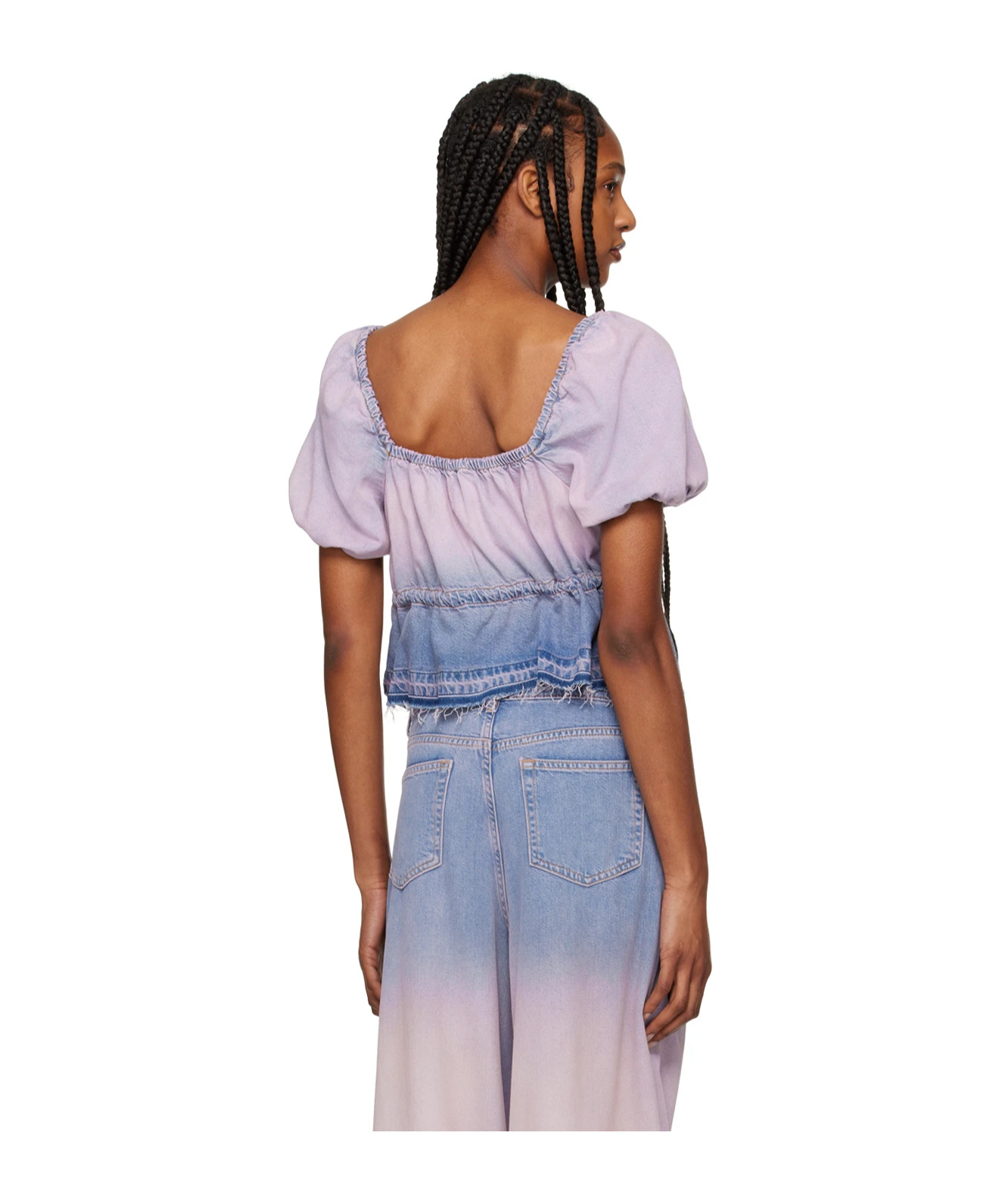 Shop Ganni Purple Bleach Future Denim Puff Sleeve Top In Multicolor