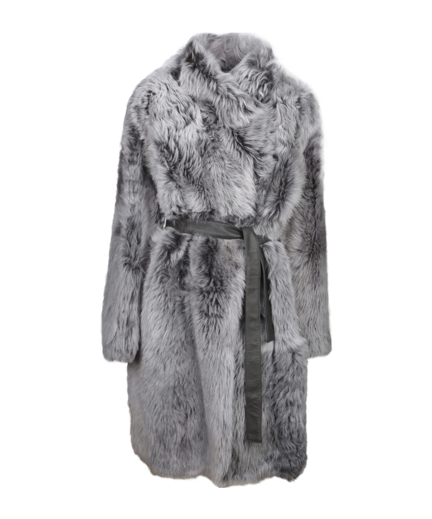 Yves Salomon Belted Shearling Coat In Gray