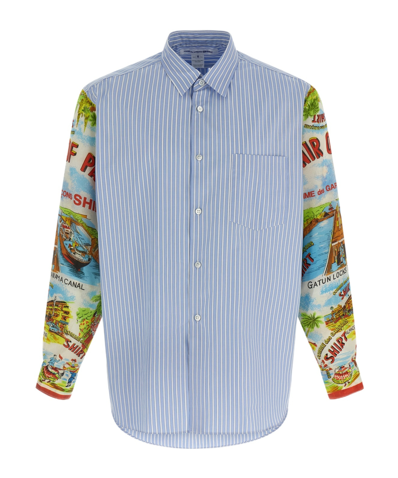 Comme Des Garçons Patterned Sleeve Cotton Poplin Shirt With Asymmetrical Hem In Blue