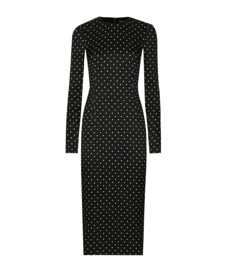 Dolce & Gabbana Charmeuse Calf-length Sheath Dress With Polka-dot Print In Black