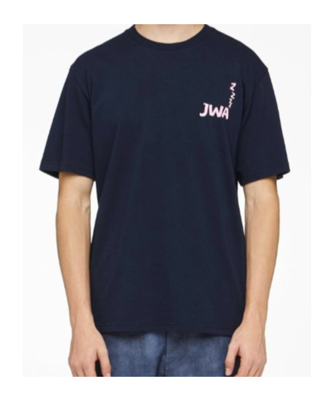 Jw Anderson Blue Crewneck T-shirt With Logo Detail On The Front And Maxi Slogan Print On The Rear In Black