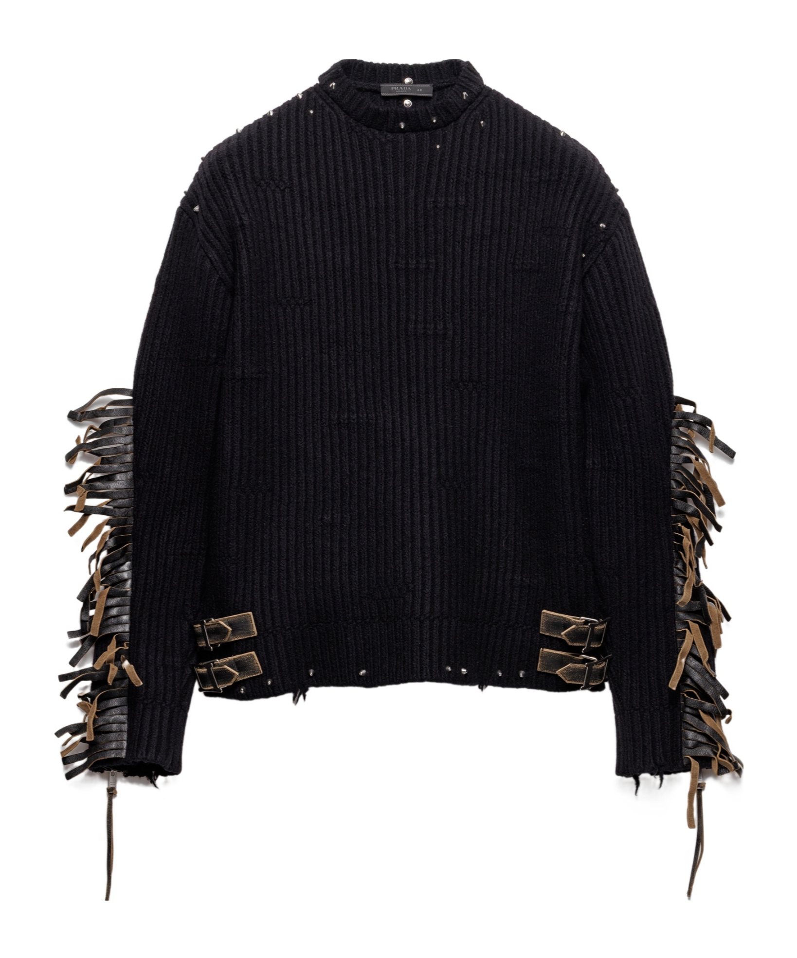 Prada Wool Crew-neck Sweater With Fringe And Studs In Black