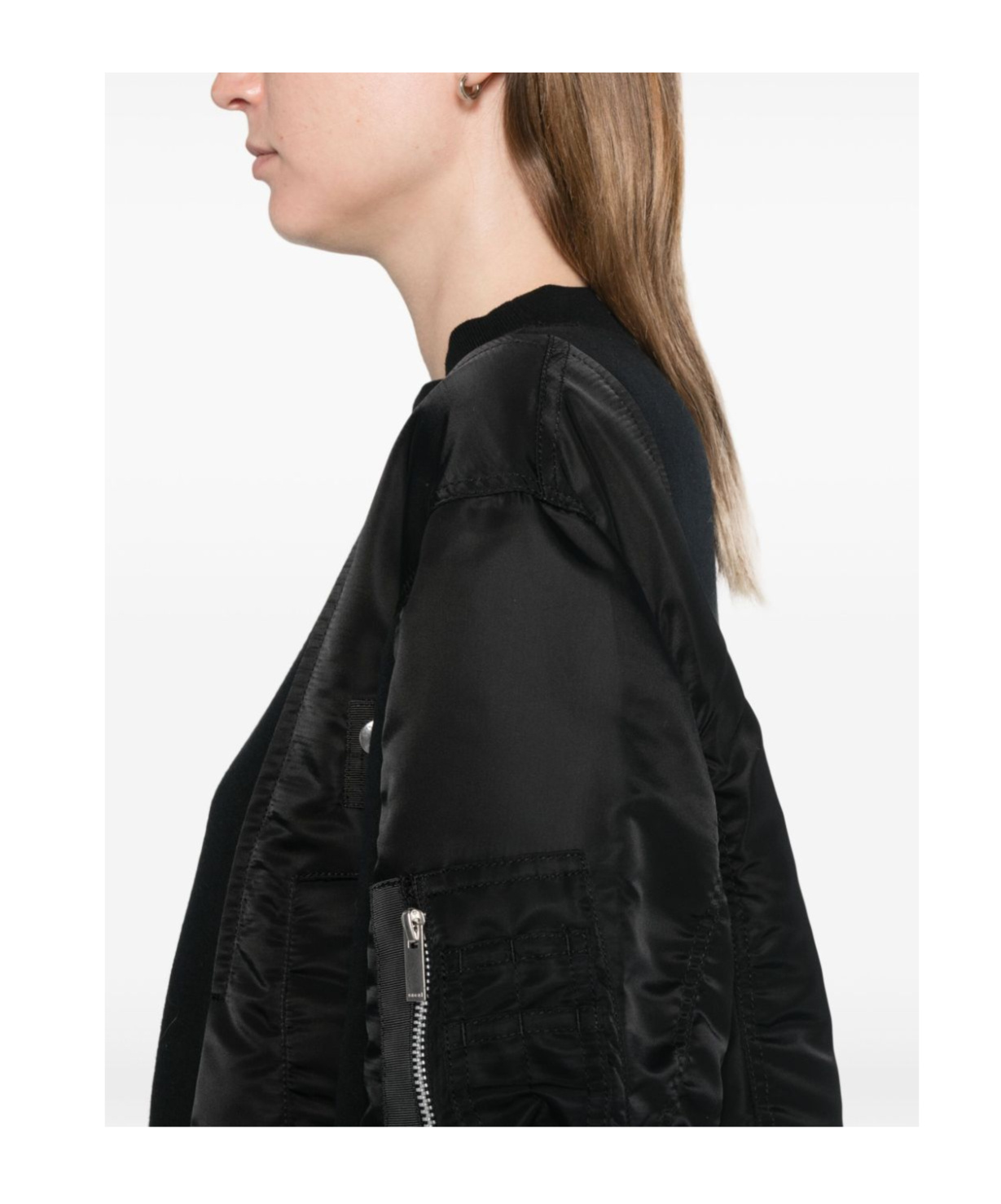 Sacai Crewneck Sweater With Satin Panels And Zip Pocket In Black