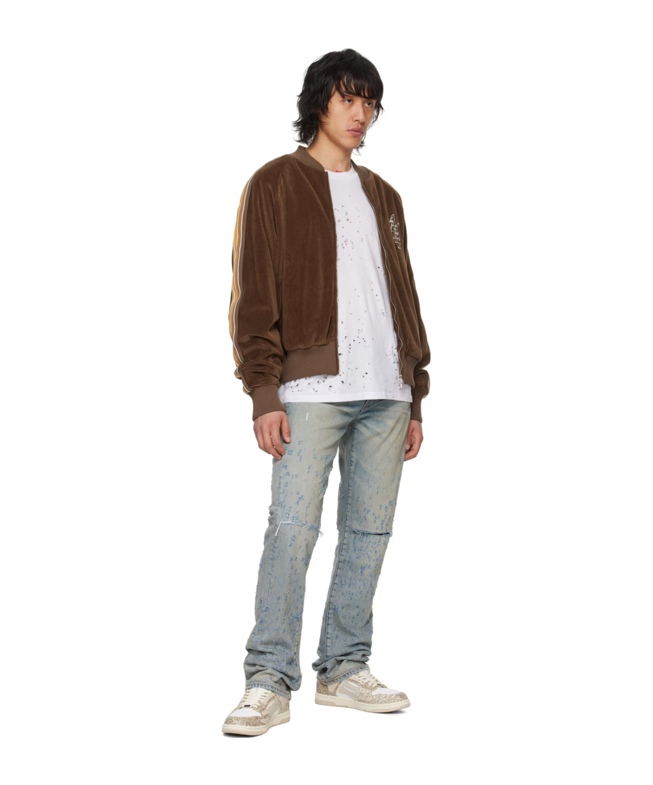 Amiri Light Blue Destroyed Straight Jeans With Cut-out In Cotton Denim Man In Gray