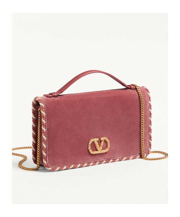 Valentino Vlogo Signature Velvet Chain Wallet With Jewel Logo In Red