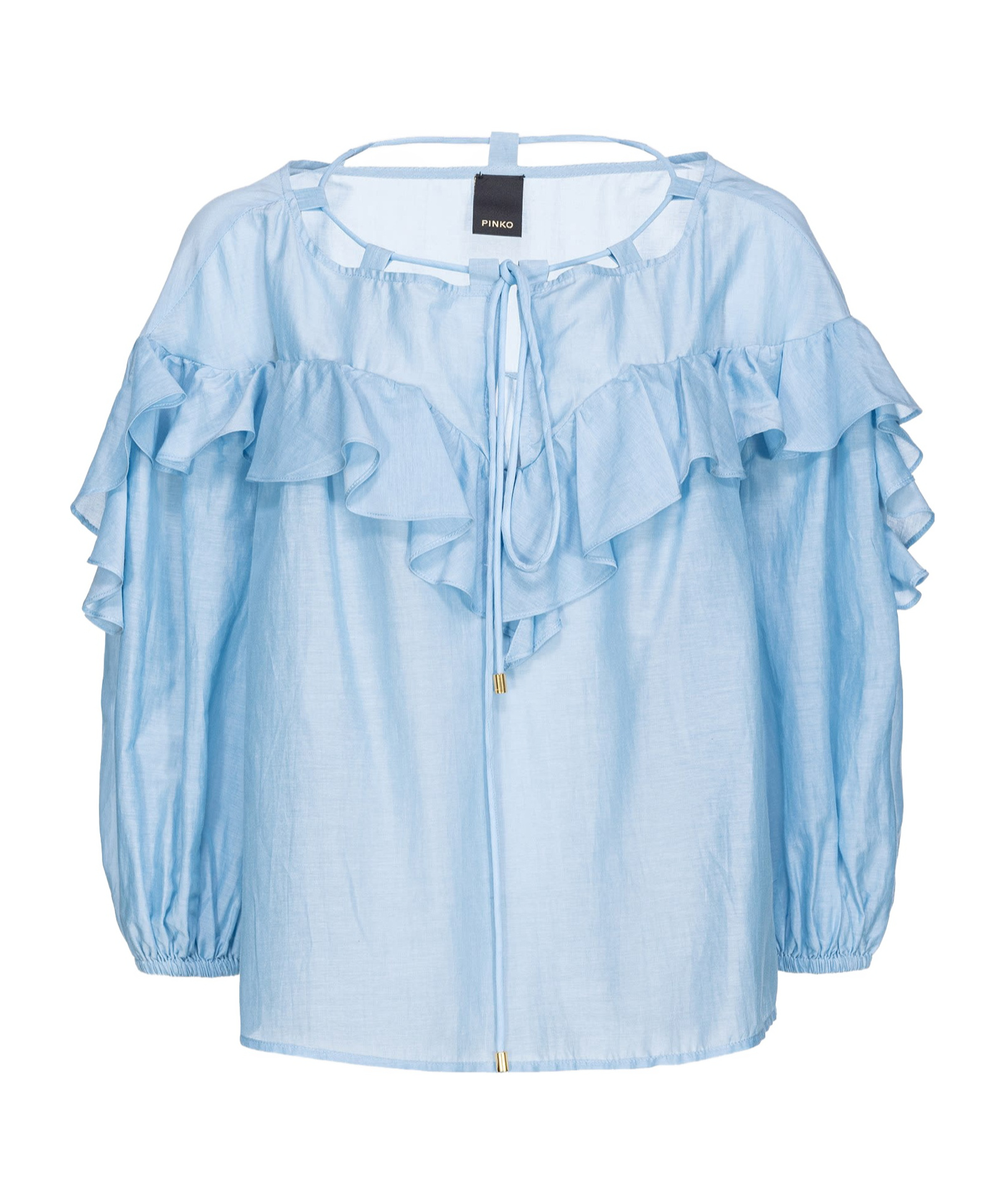 Pinko Solid Color Cotton And Silk Bones Blouse With Ruffles In Blue