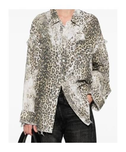 R13 Shredded Seam Drop Neck Leopard Print Button-up Shirt In White