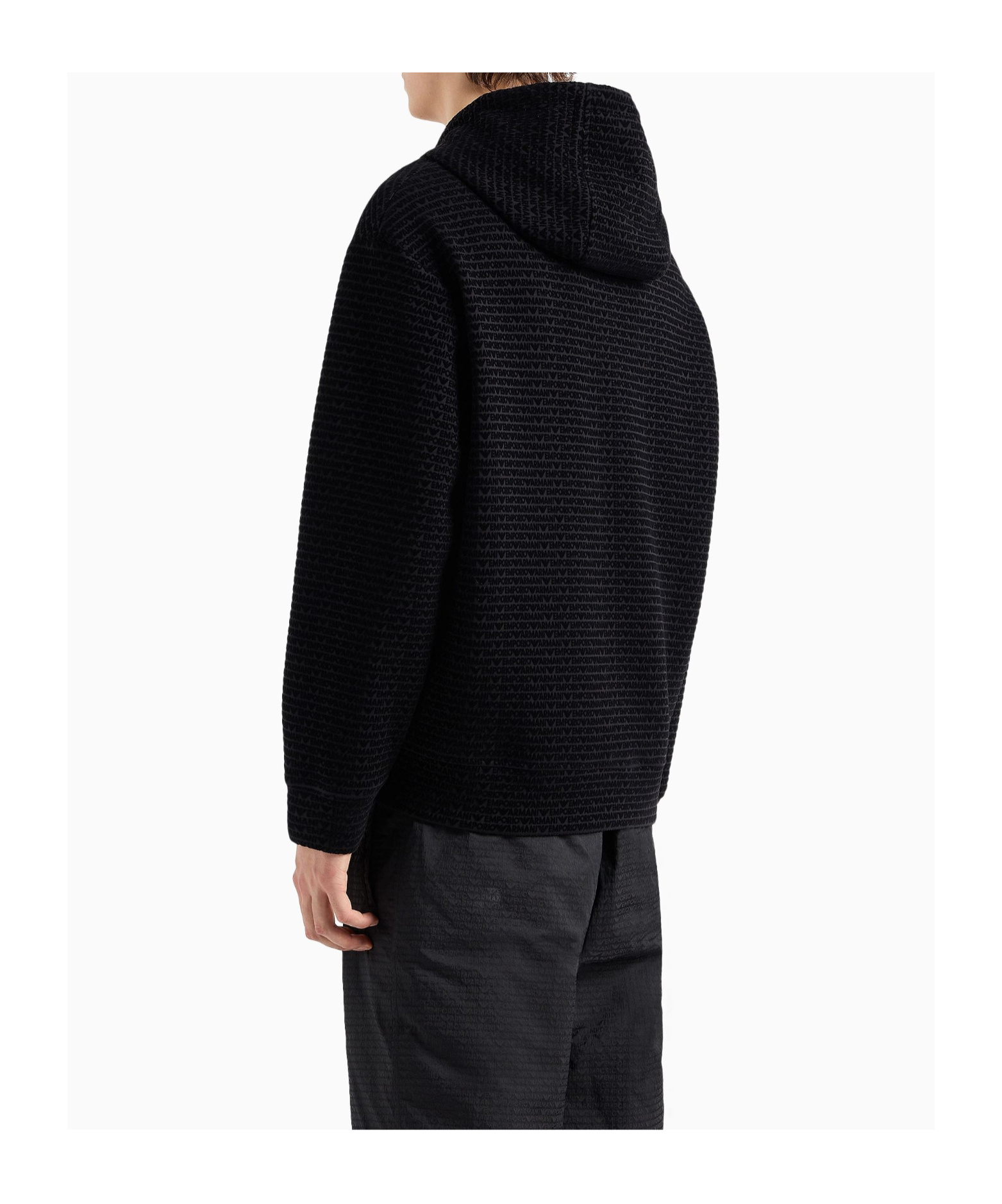 Emporio Armani Flocked-logo Double-jersey Zip-front Hoodie In Black