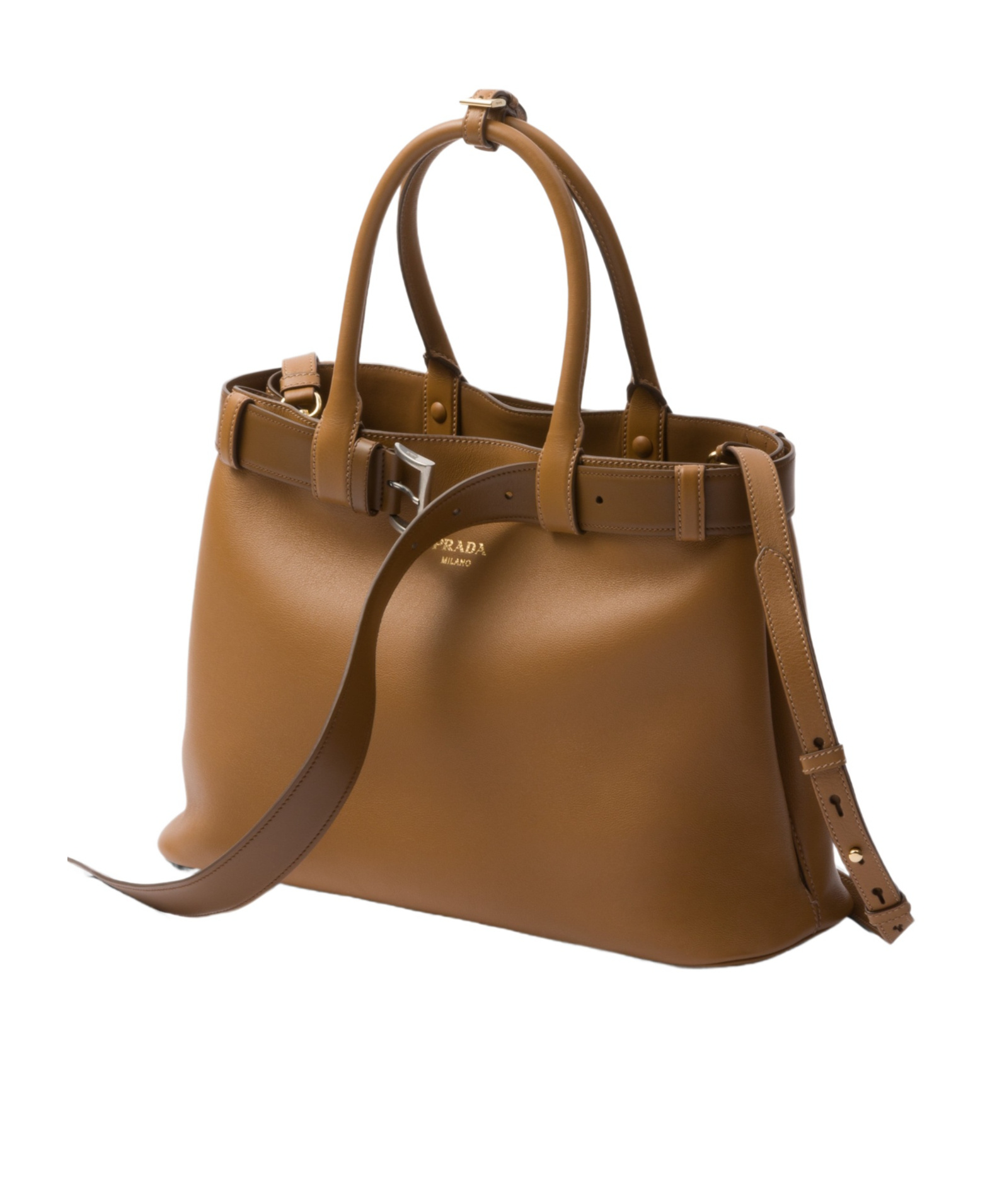 Prada Buckle Large Leather Handbag With Belt In Brown