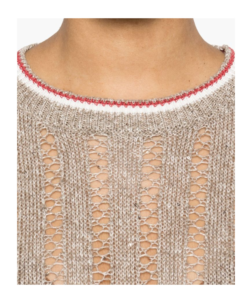 Brunello Cucinelli Crew Neck Short Sleeve Sweater In Nude