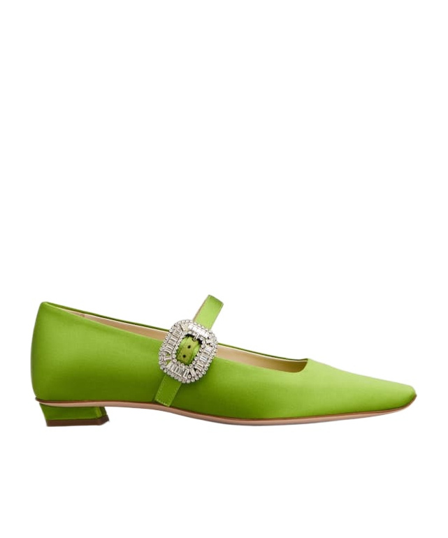 Roger Vivier Crystal Buckle Pointed Toe Satin Strap Shoes In Green