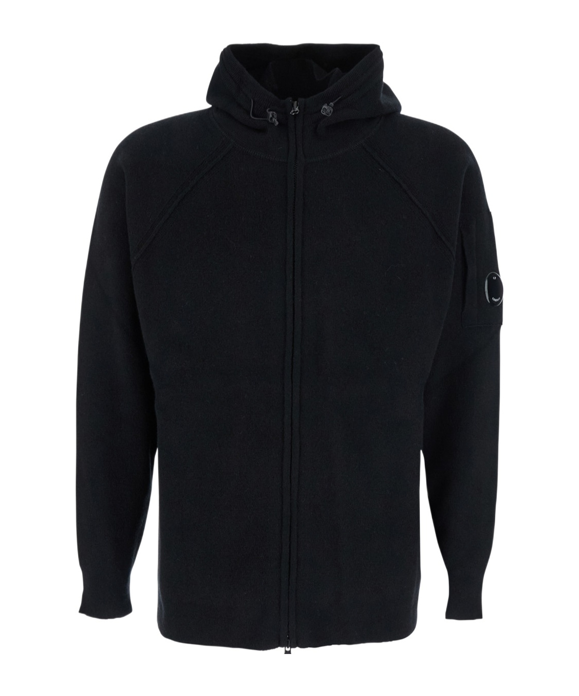 C.p. Company Black Cardigan With Drawstring Hood And Logo Plaque On The Sleeve In Black