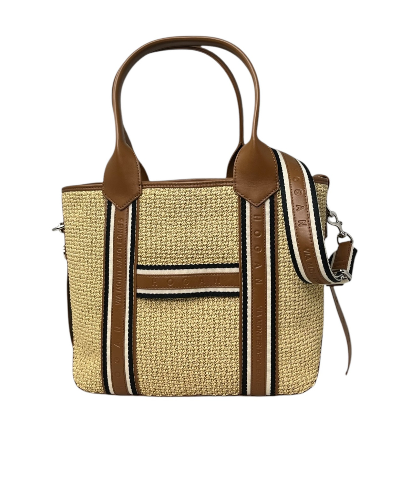 Hogan Small Raffia Script Shopping Bag With Brown Leather Details In Green