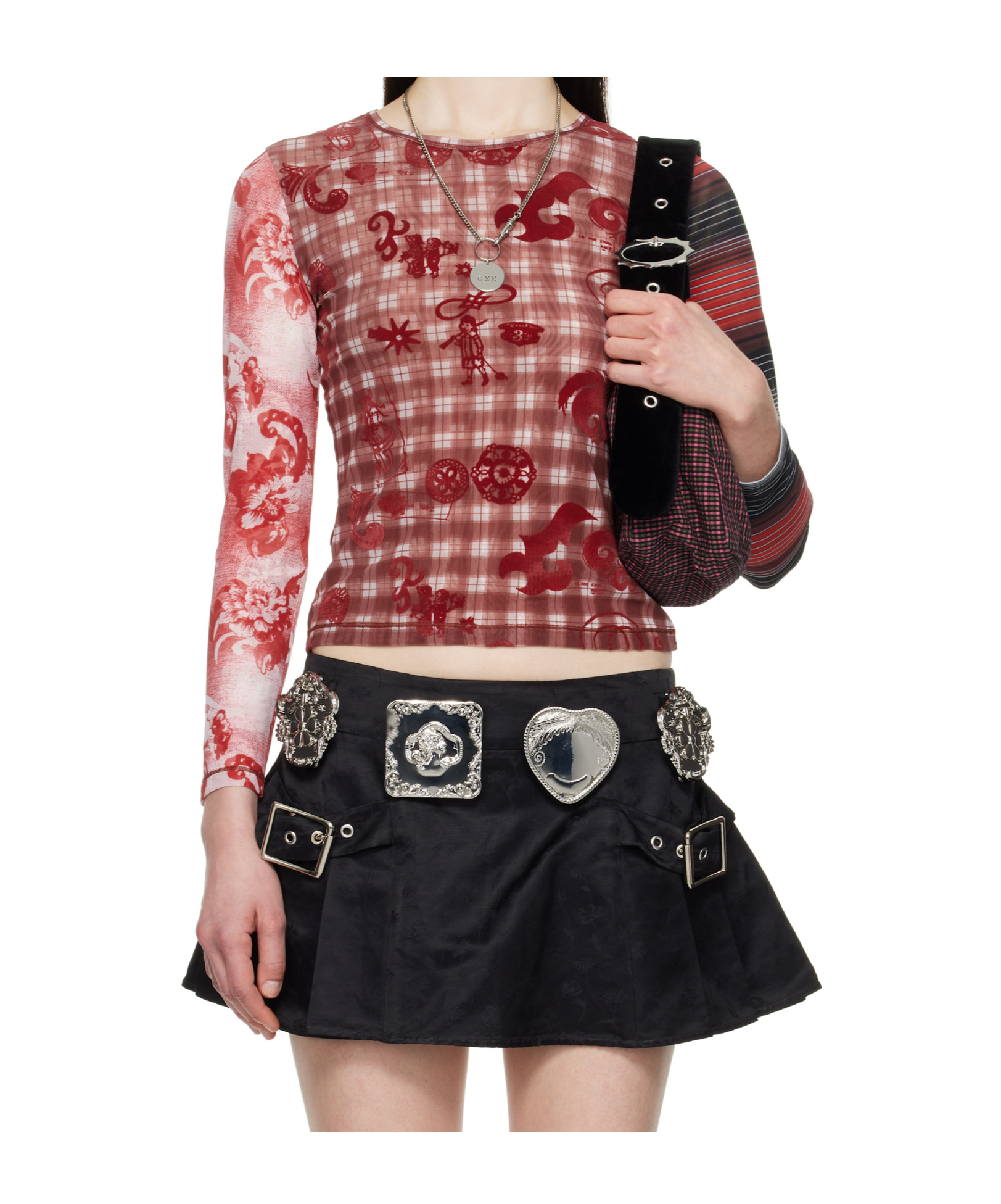 Chopova Lowena Red Trigger Flocked Mesh Long Sleeve In Black
