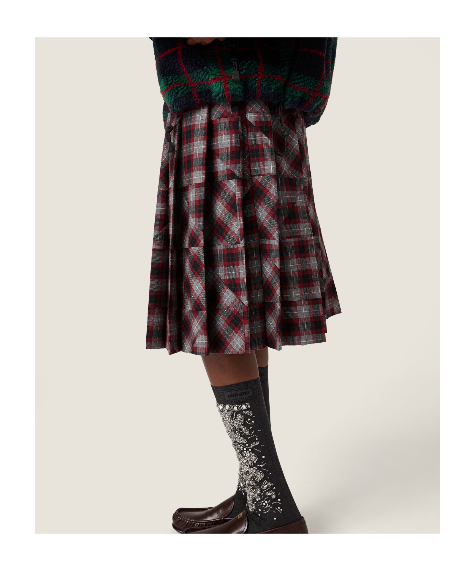 Miu Miu Tartan Patchwork Midi Skirt In Multi