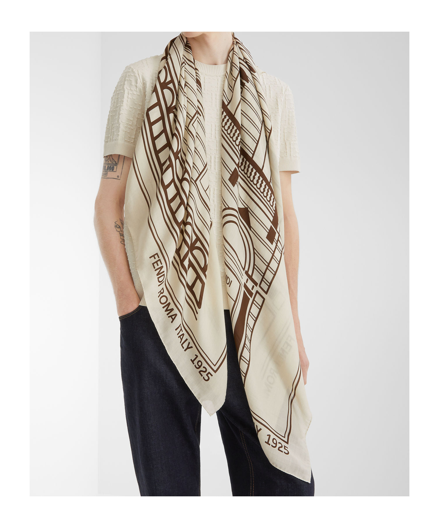 Fendi Architectural Print Lightweight Soft Square Shawl In White