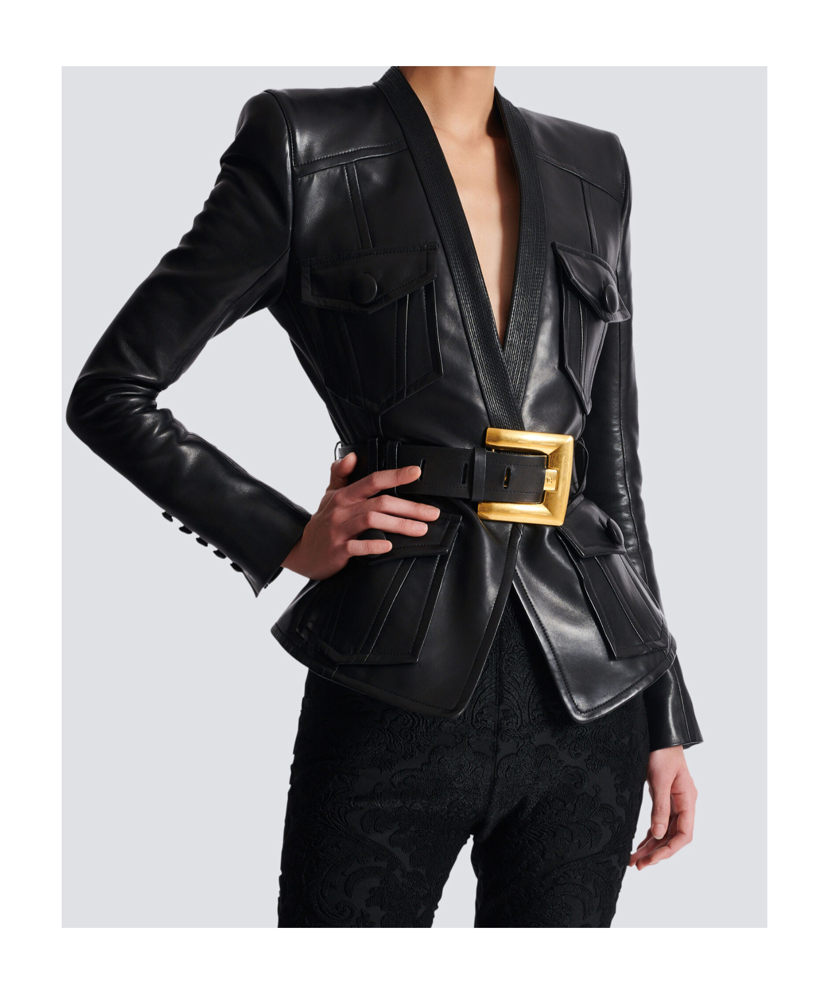 Balmain Belted 4 Pokets Fitted Lambskin Jacket Clothing In Black