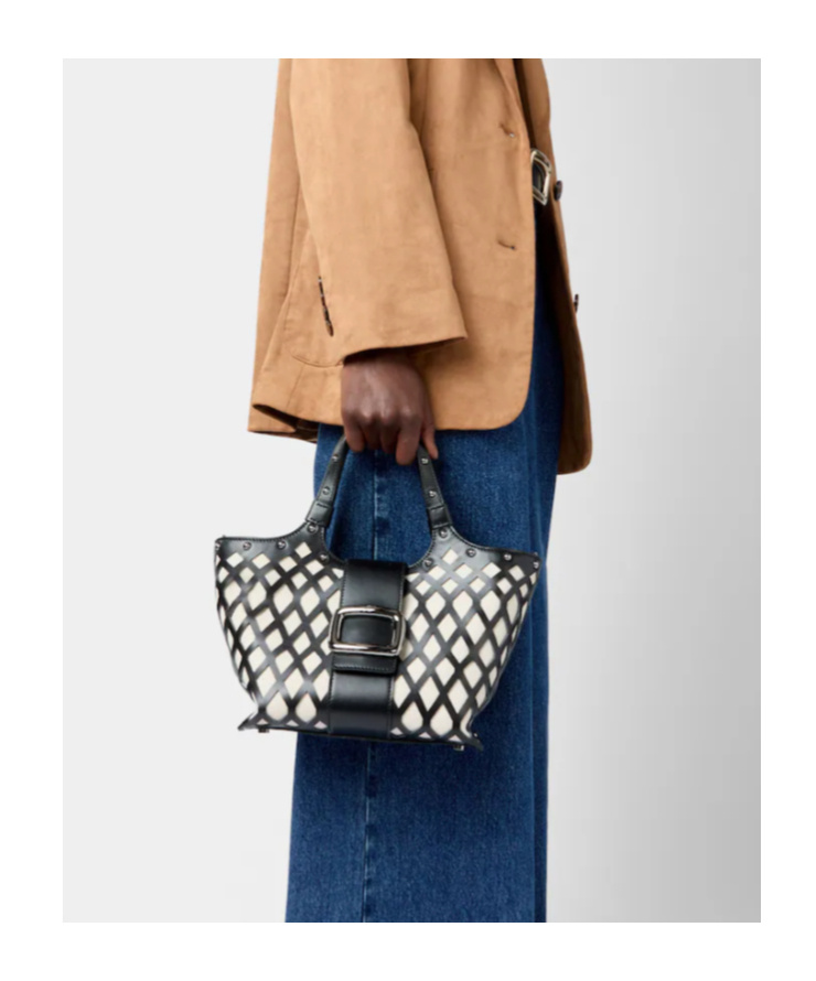 Roger Vivier Viv' Choc Mini Shopping Bag In Leather And Fabric In Black