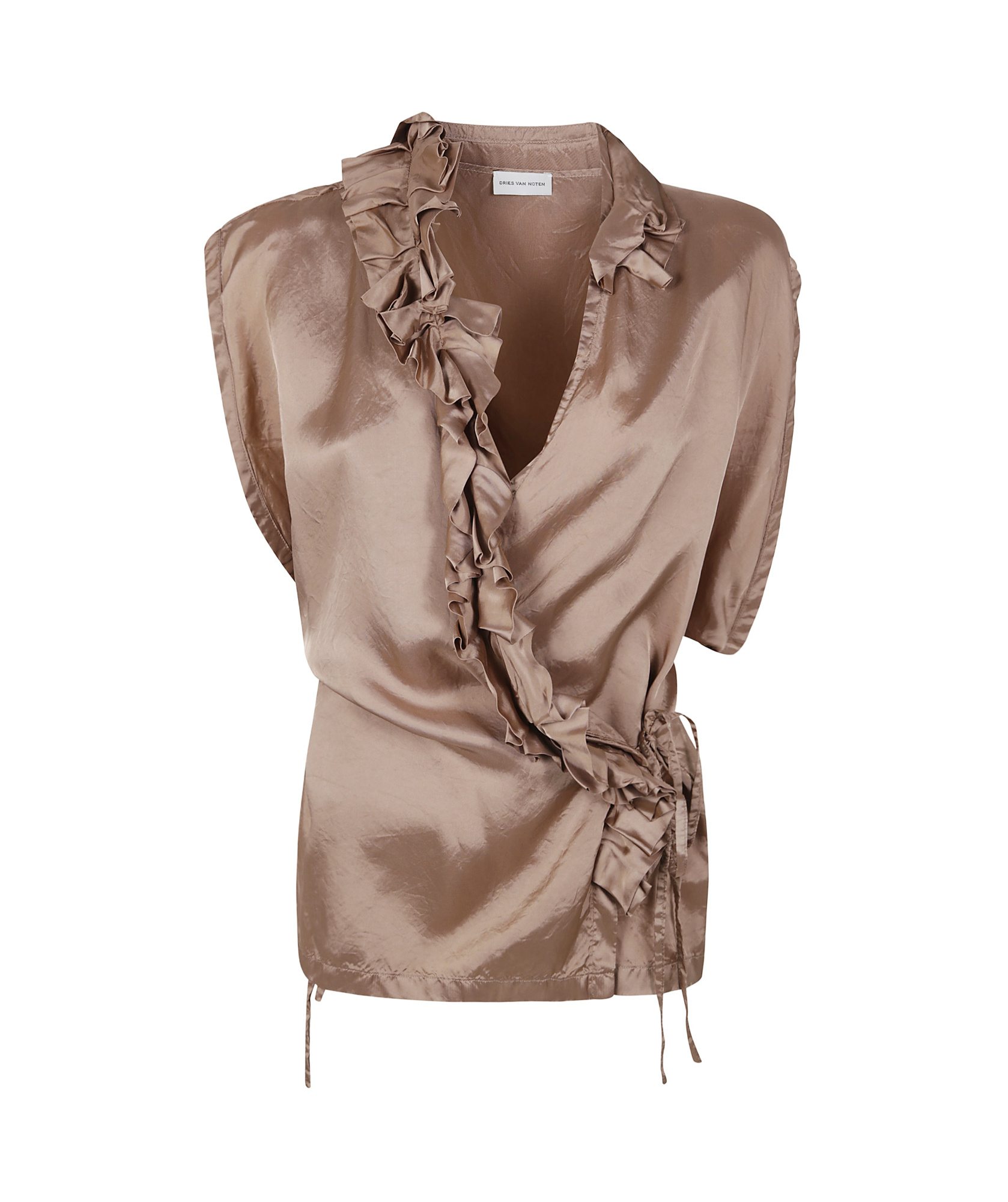 Dries Van Noten Sleeveless Wrap V-neck Top With Ruffled Detailing In Nude