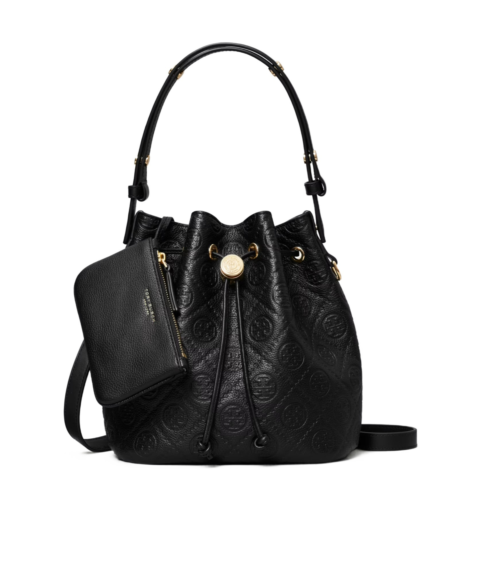 Tory Burch Mini T Monogram Pebble Leather Bucket Bag In Black