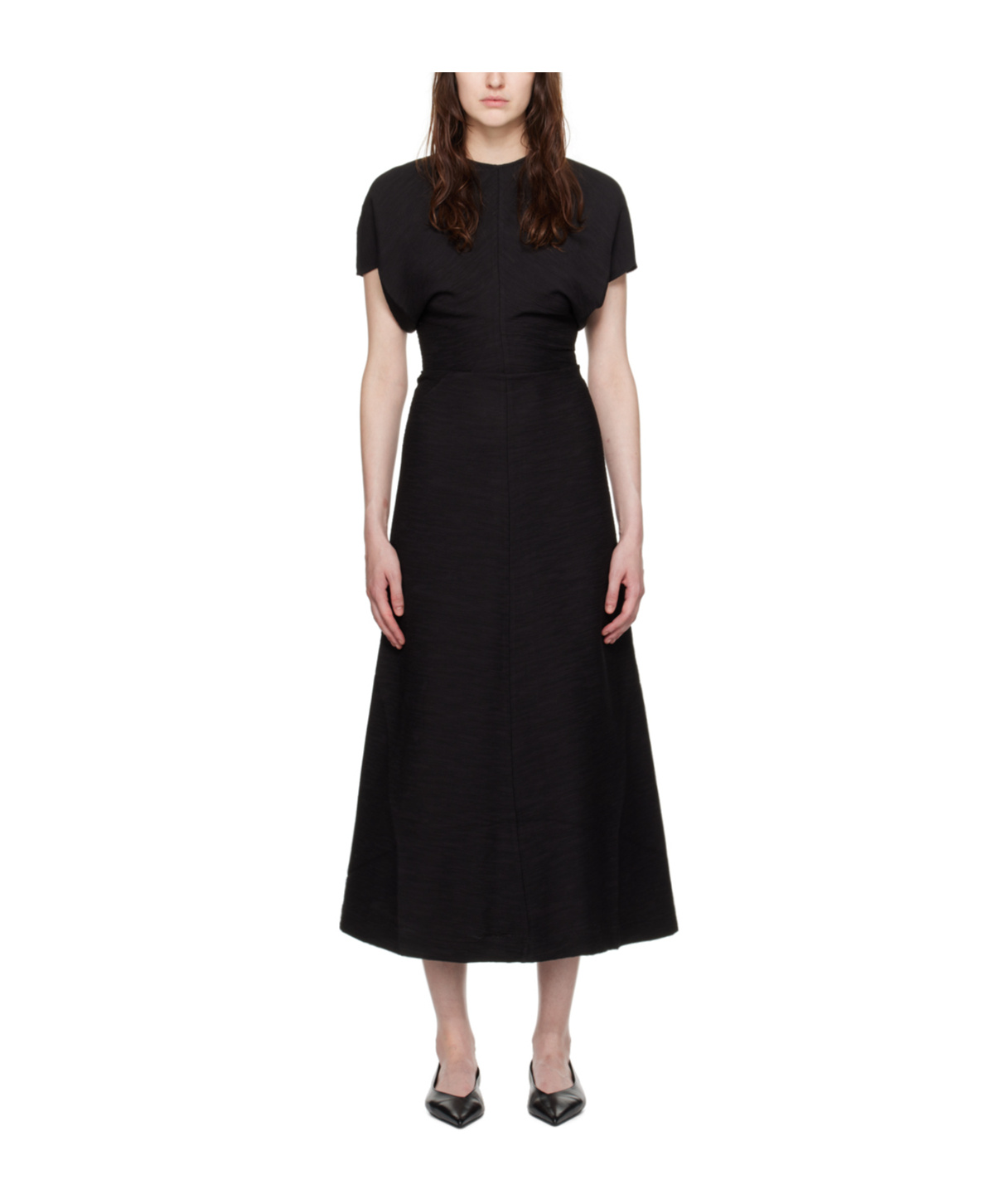 Shop Totême Slouch-waist Plissé Midi Dress In Black