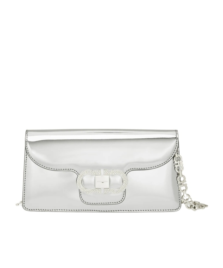 Ferragamo Mini Bag Double Gancini Chain In Silver