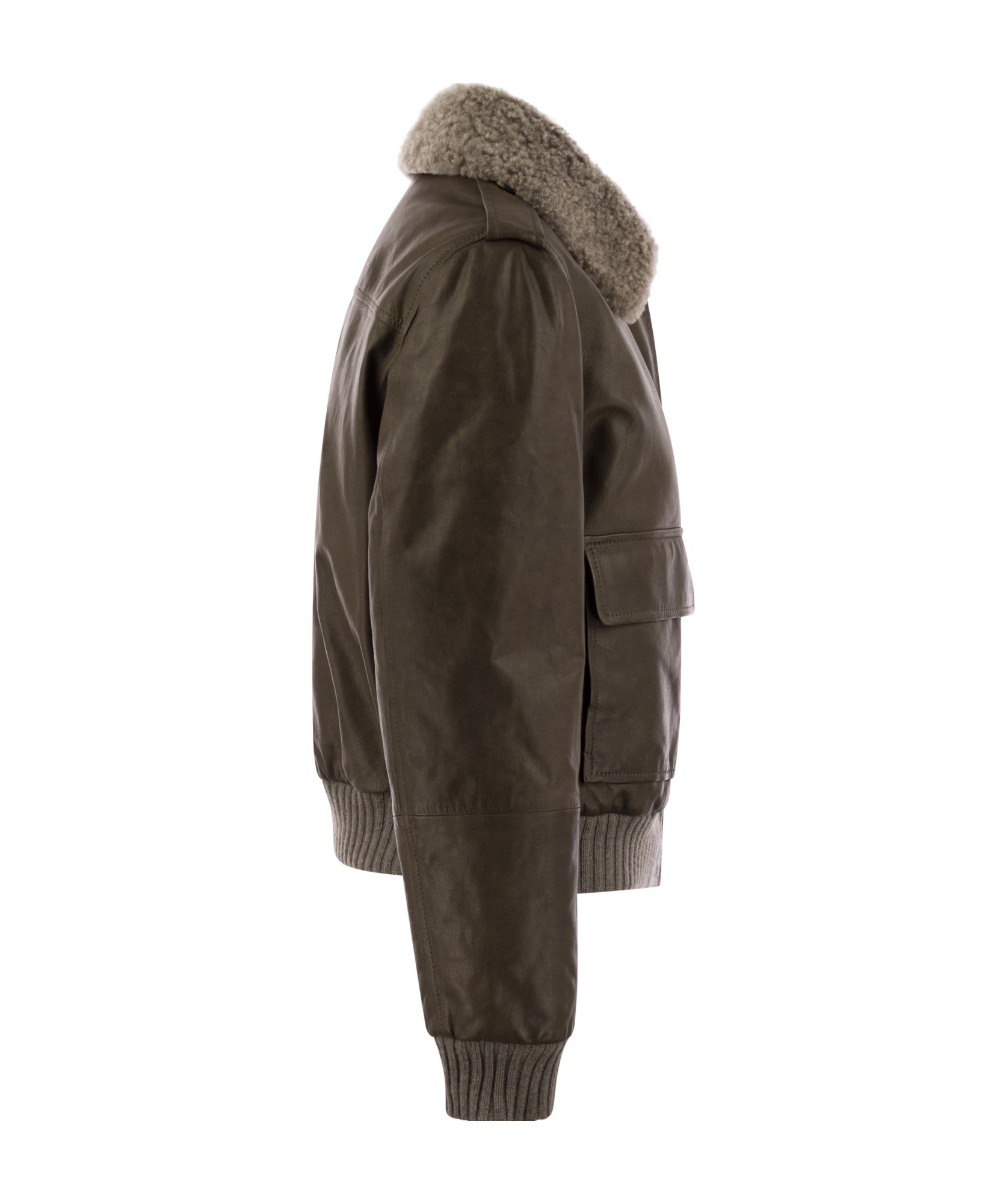 Brunello Cucinelli Women Leather Bomber Jacket And Shearling Collar In Brown