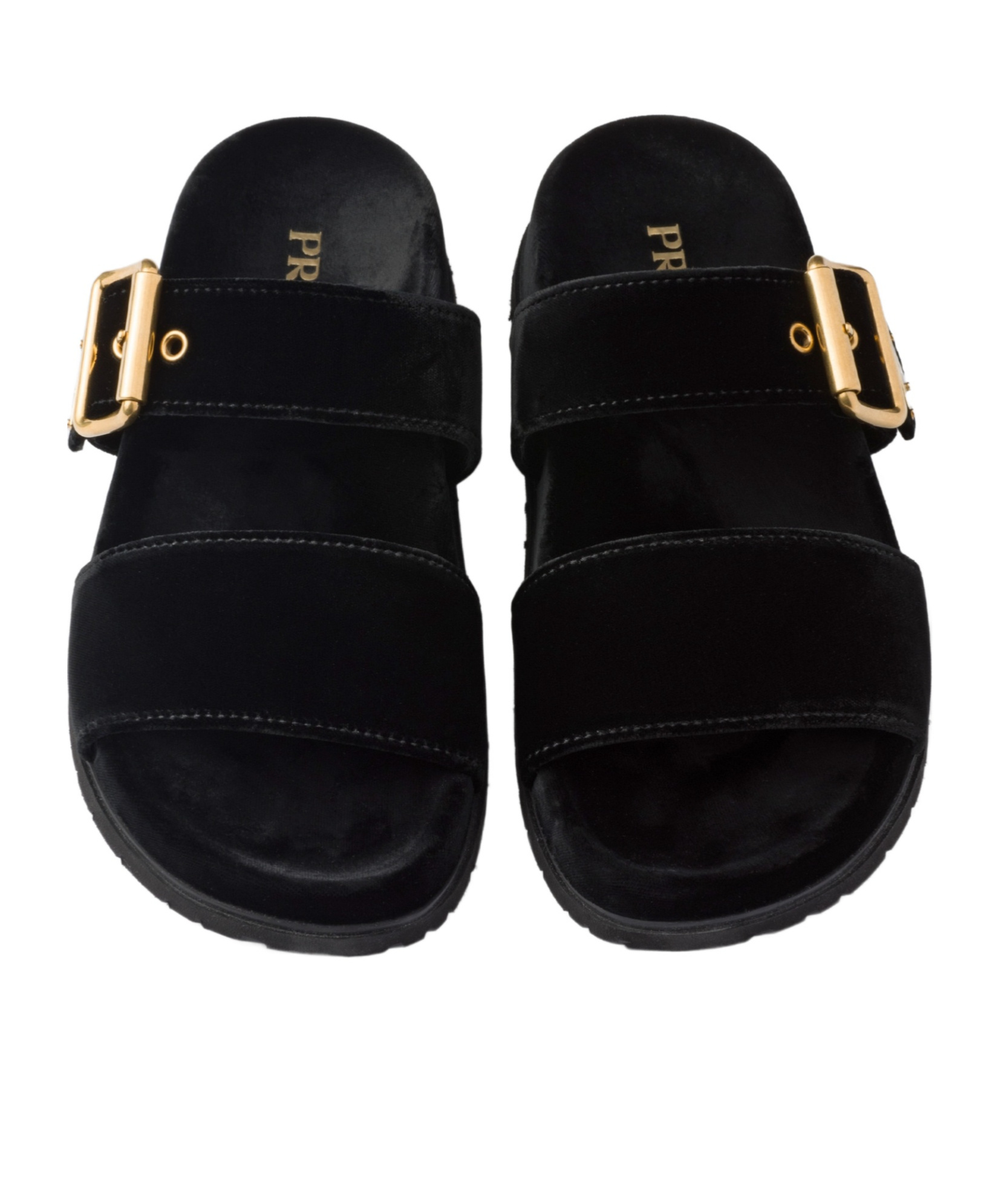 Prada Triangle Logo Velvet Flat Sandals In Black