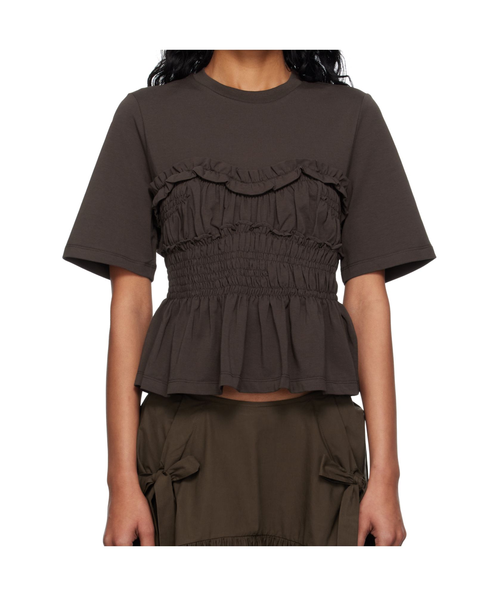 Cecilie Bahnsen Vilde Ruffled Shirred Cotton-jersey T-shirt In Brown