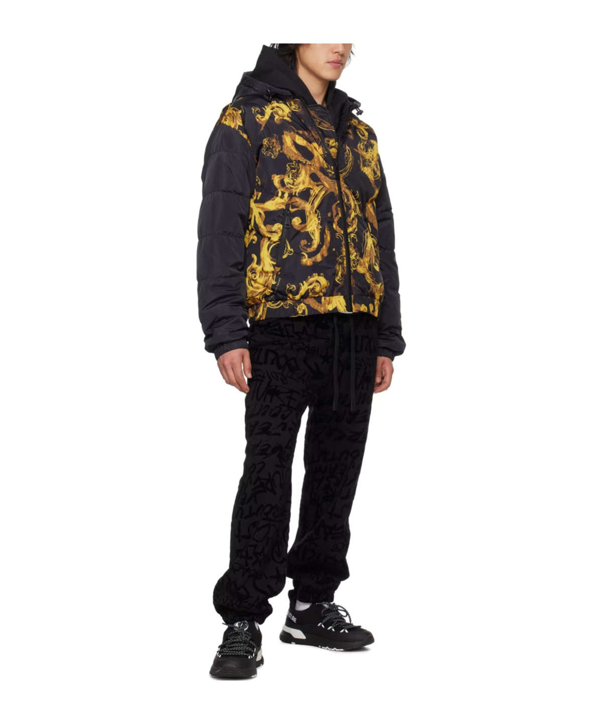 Versace Printed Quilted Down Jacket In Black