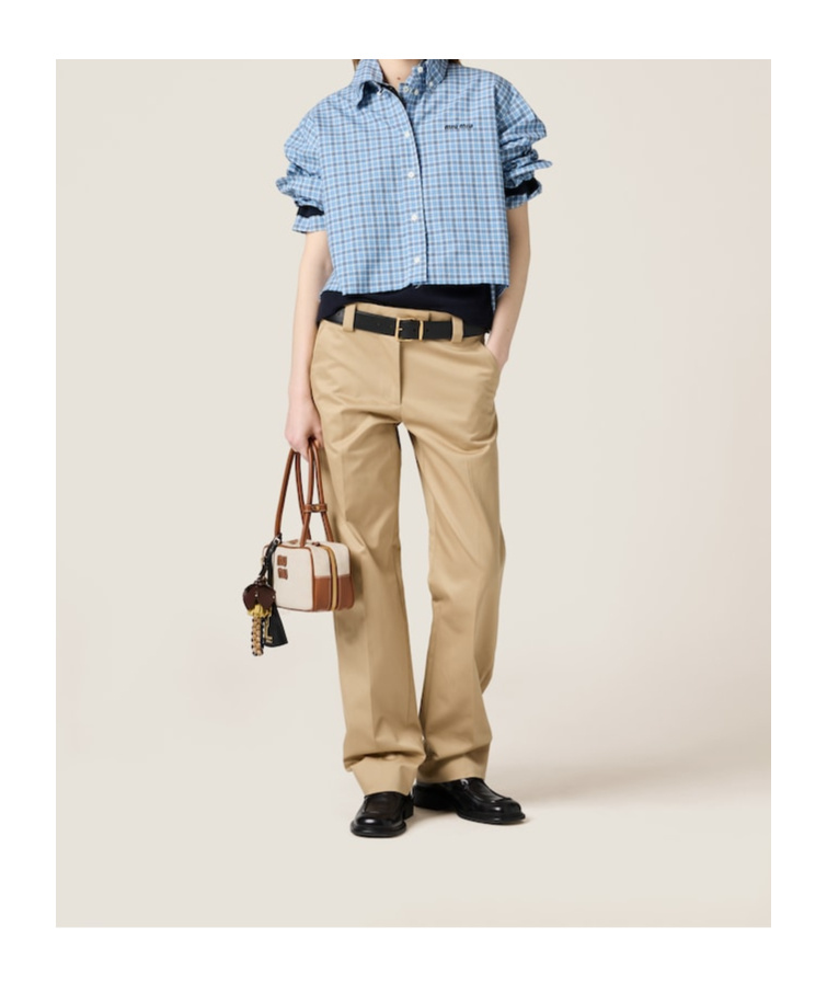 Miu Miu Long Sleeve Cropped Button Down Shirt With Collar In Blue