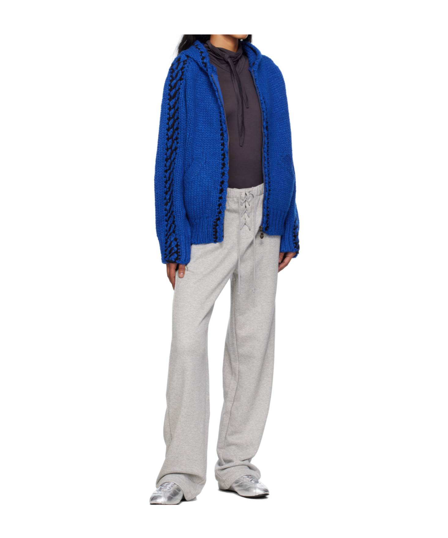 Open Yy Stitch Zip-up Knit Hoodie In Blue