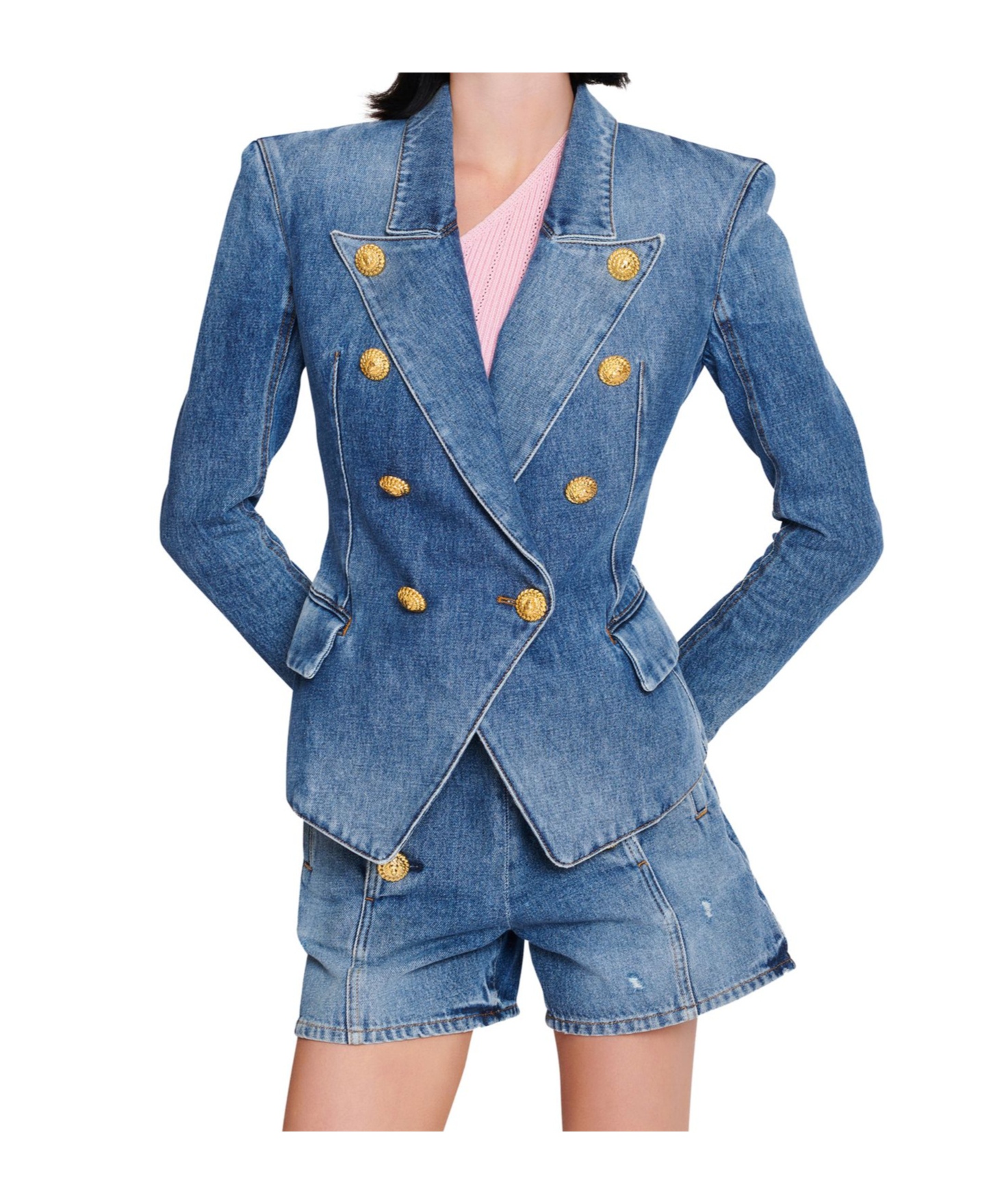 Balmain Long-sleeved Denim Coat In Blue