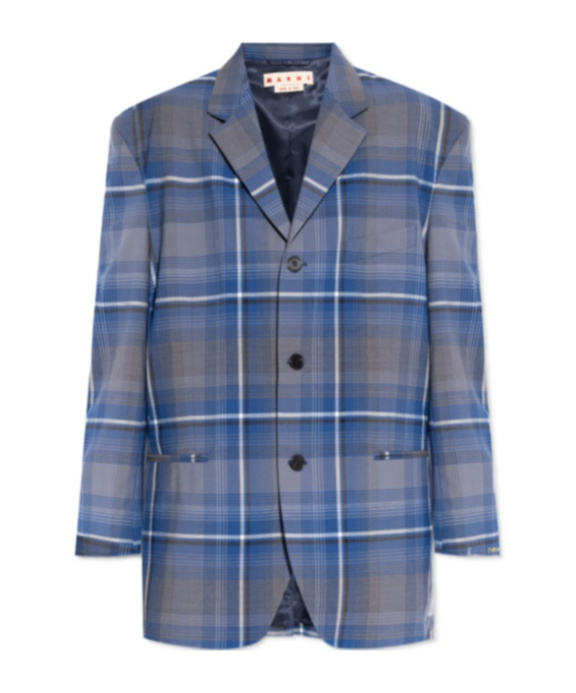 Marni Logo-embroidered Checked Blazer In Blue