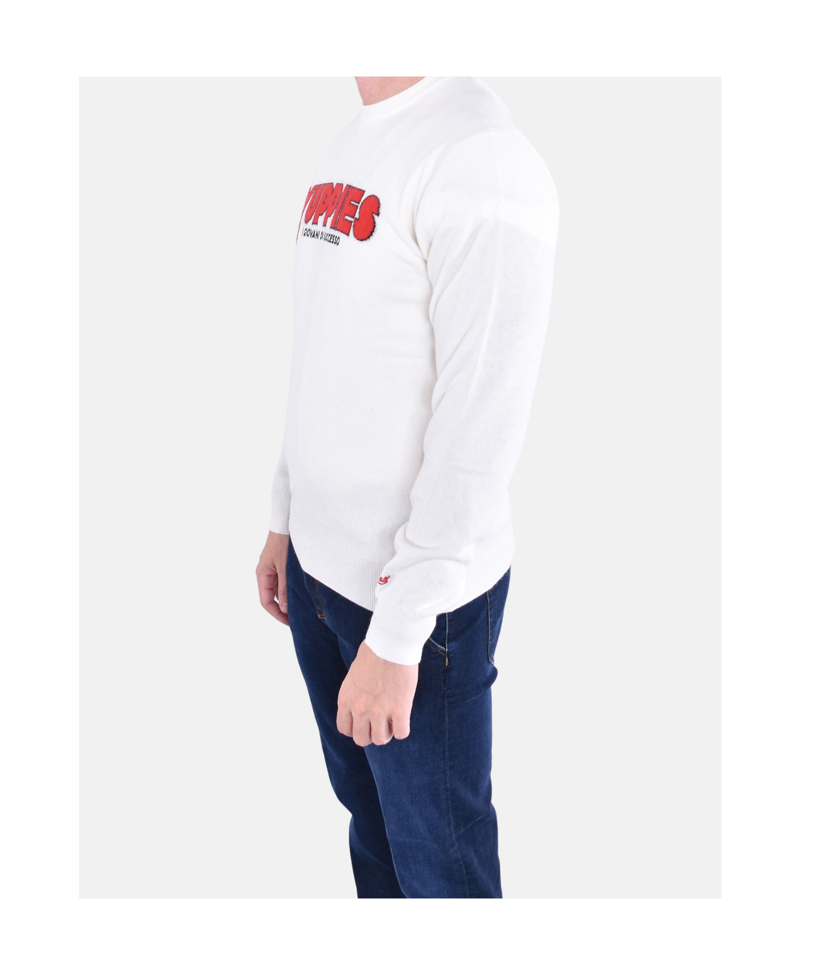 Mc2 Saint Barth Heron Light Sweater In White With Yuppies Jacquard And Embroidery In Brown