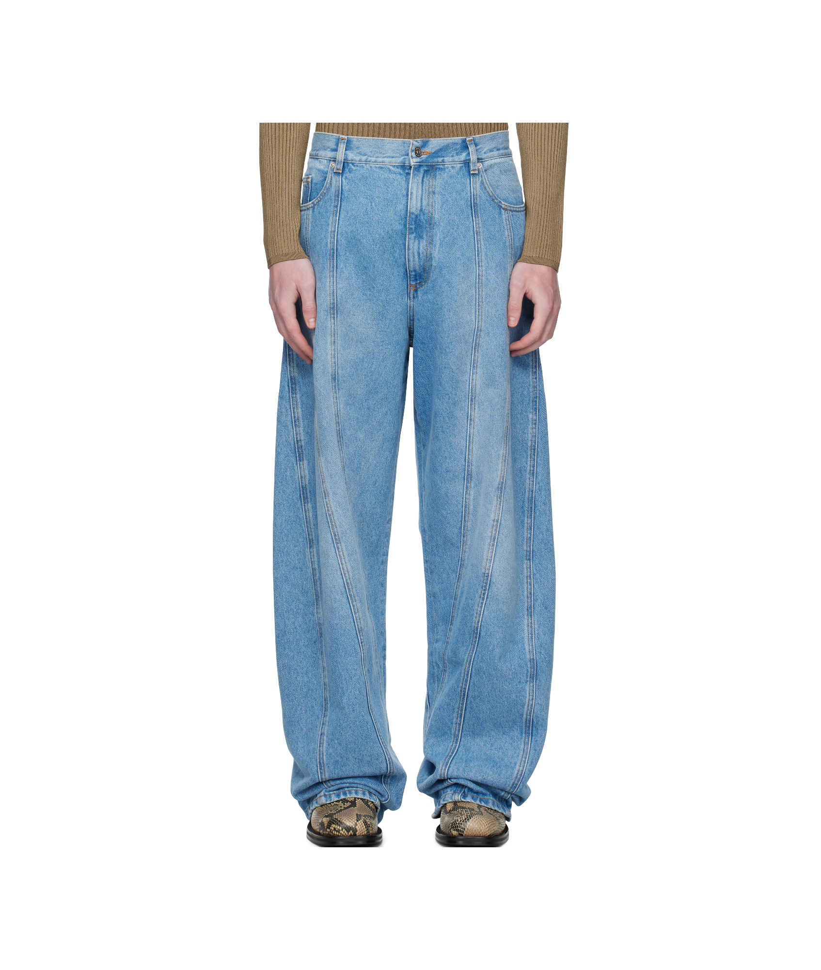 Mugler Water-washed Large-scale Spiral Denim Jeans In Blue