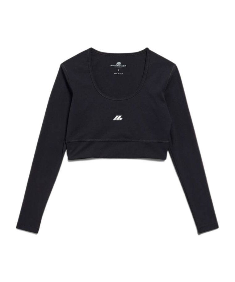 Balenciaga Logo Scoop Neck Cropped Top With Long Sleeves In Black