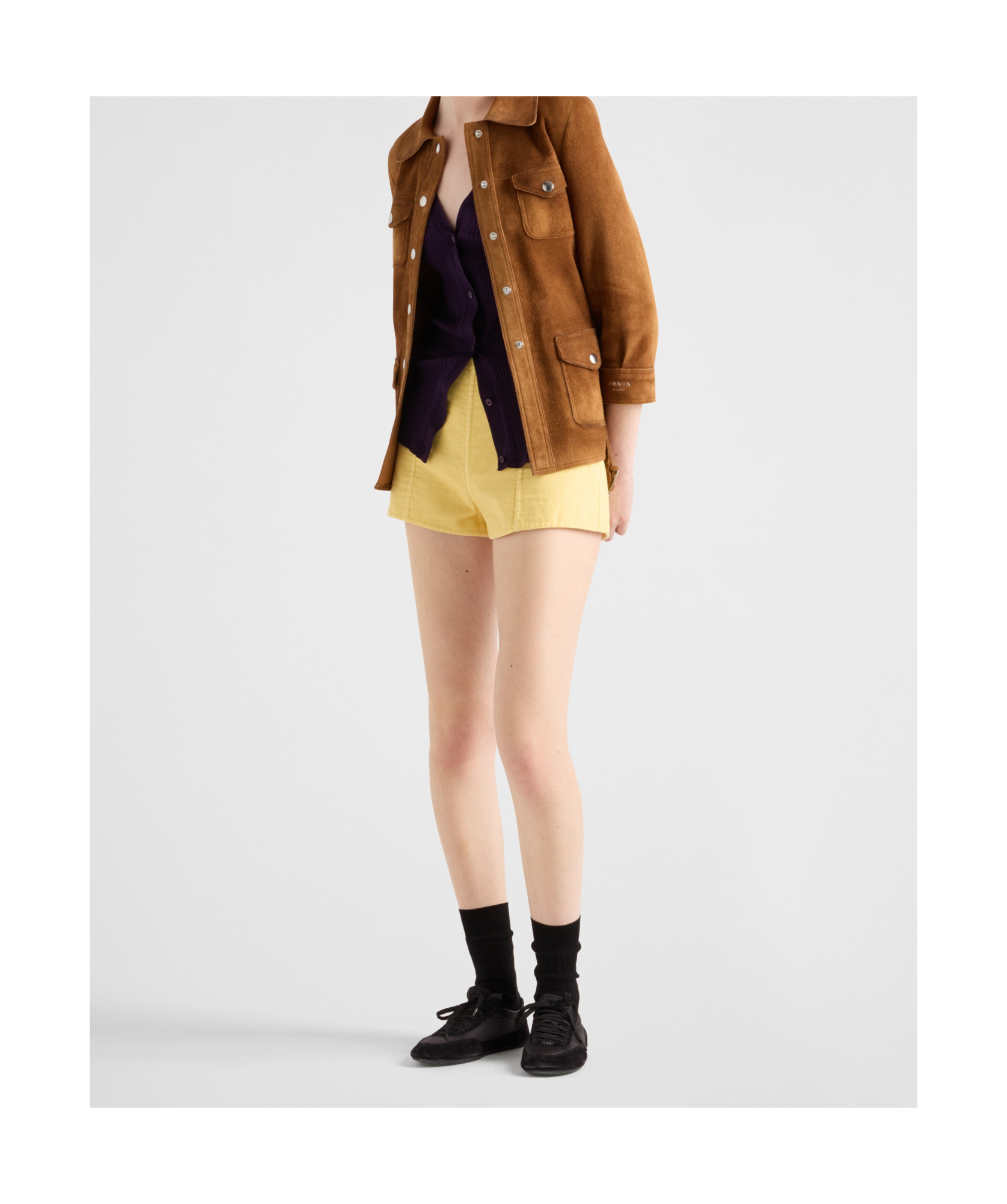 Prada Logo Patch Double Mini Shorts In Yellow