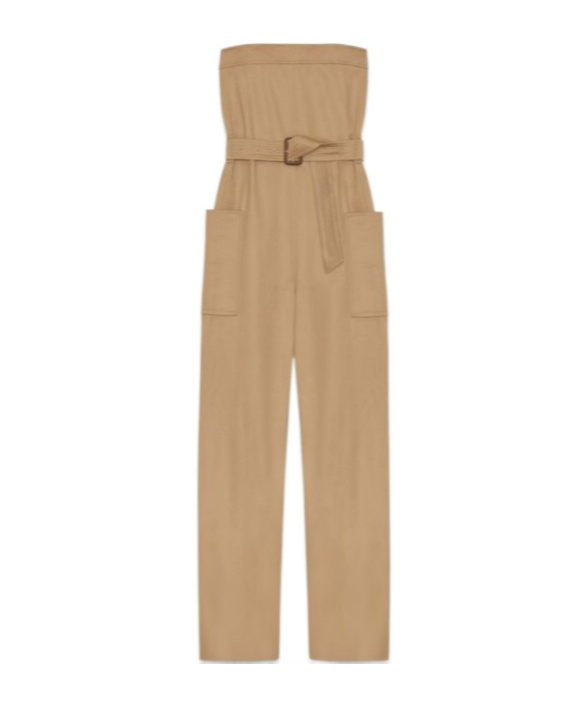 Shop Saint Laurent Strapless Belted Cotton Jumpsuit In Nude