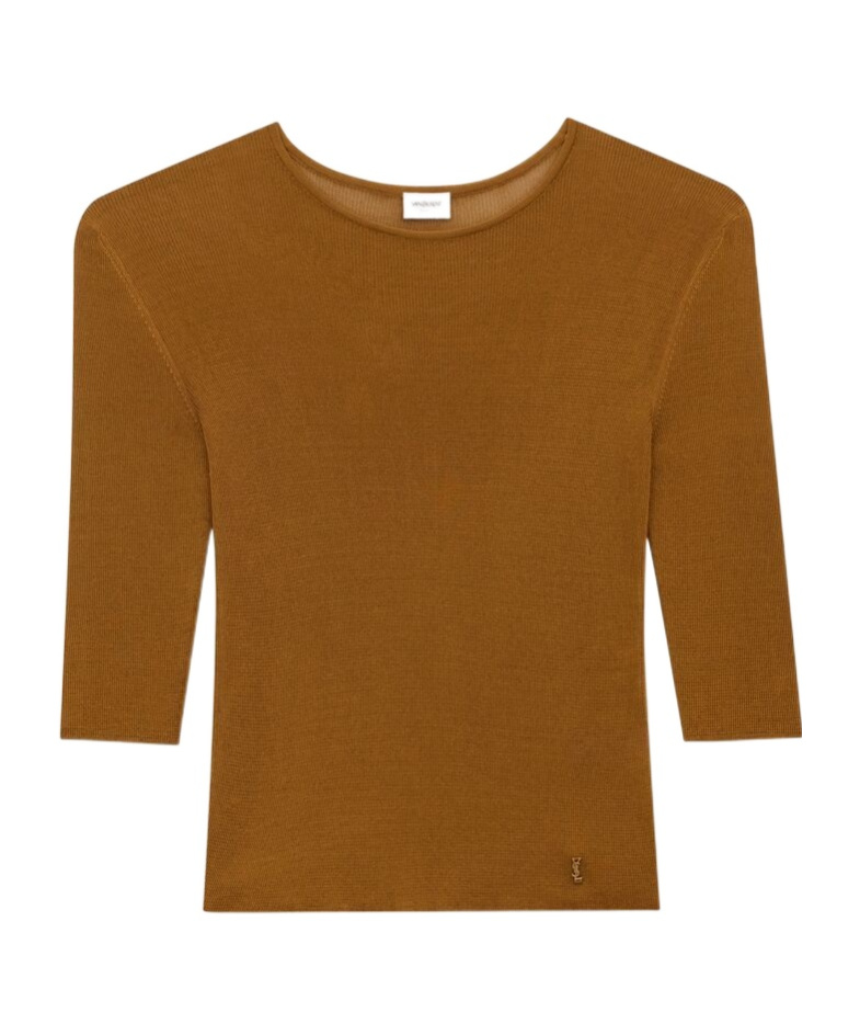 Saint Laurent Semi-sheer Crewneck Top With Cassandre In Brown