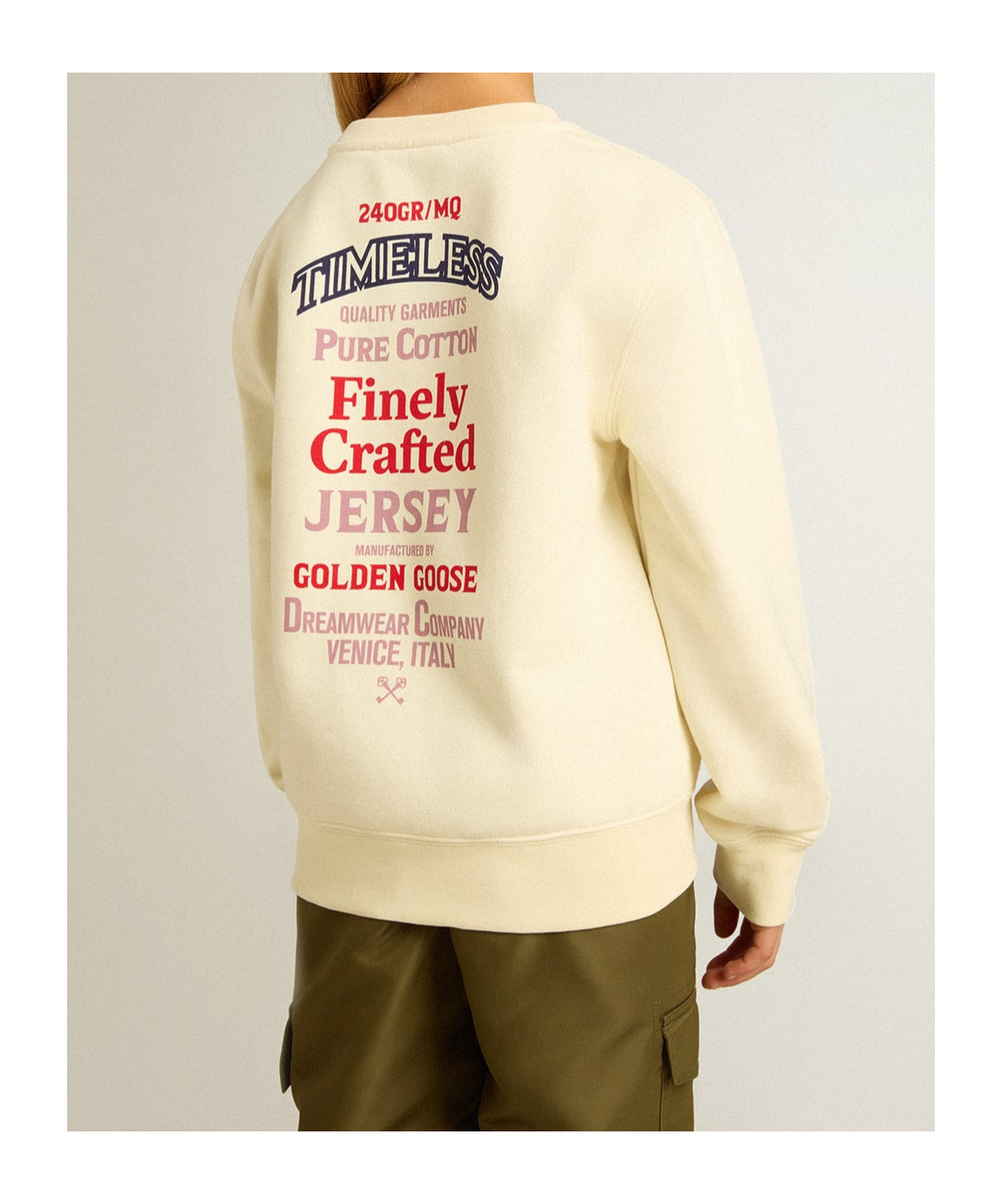 GOLDEN GOOSE GIRLS' T-SHIRT IN WORN WHITE WITH EMBROIDERY ON THE FRONT AND PRINT ON THE BACK